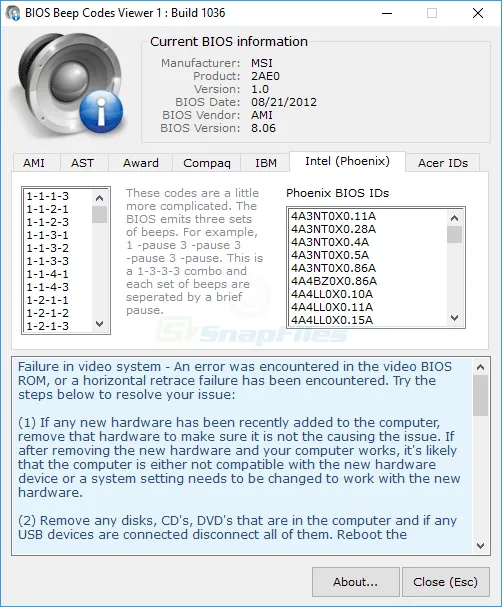 BIOS Beepcodes Viewer Screenshot 2